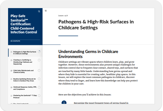 Example of the course layout, with the table of contents to the left and the course content to the right.
