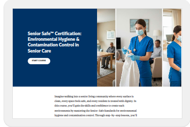 course landing page example with female cleaning a senior home.