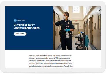 course Landing Page example with "Start Course" Button  and an image of a Correctional worker sanitizing a unit with spray bottle in hand.