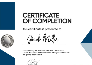 Example of what the certification looks like, which has dark blues and a silver stamp.