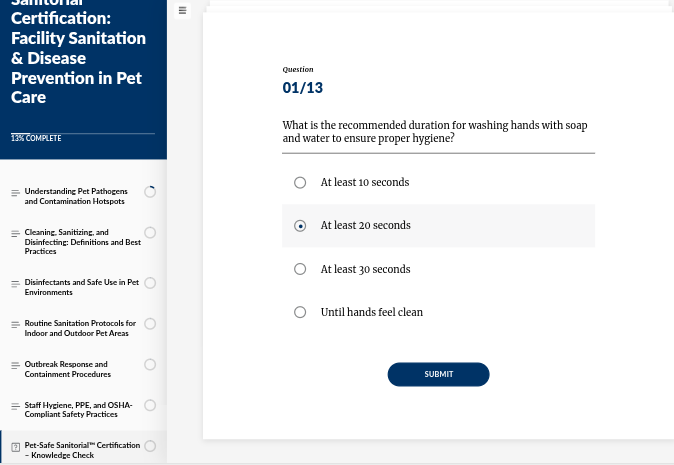 This image shows an example of a Pet-Safe Certification Quiz, with the quiz question to the right, and table of contents to the left.