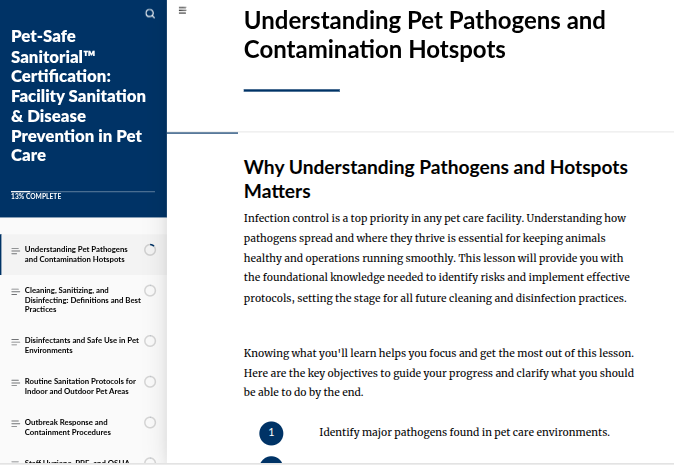 Example of the Pet-Safe Sanitorial Course, with a table of contents to the left, and the course material to the right.