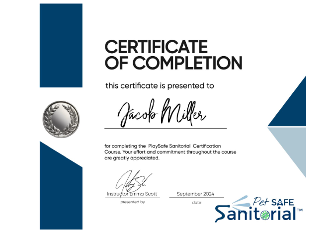 This image shows an example image of what the certificate looks like. The certificate states "Certificate of completion" along with the Pet-Safe Sanitorial Logo on the bottom right of the certificate.