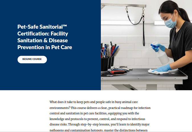 This is a cover page for the Pet-Safe Sanitorial Certification. There is a resume course button with blue background, and an image on the right of a worker cleaning her pet-working space.